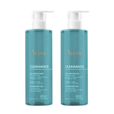 Avène Cleanance Duo Cleansing Gel in two 400ml bottles, designed for oily and acne-prone skin, with a gentle foaming formula.