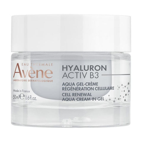 Avène Hyaluron Activ B3 Aqua Gel-Cream in 50ml jar, hydrating skincare product with hyaluronic acid and B3 for smooth, refreshed skin.