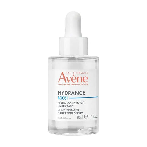 Avene Hydrance Boost Serum Concentrate 30ml bottle, skincare product by Jag Couture London New York, with clear label and pump dispenser.