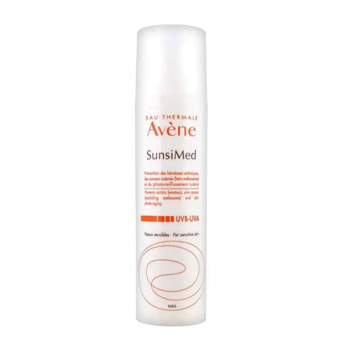 Avene Sunsimed Sun Care 80ml tube, featuring white packaging with blue and orange accents, displayed against a neutral background.
