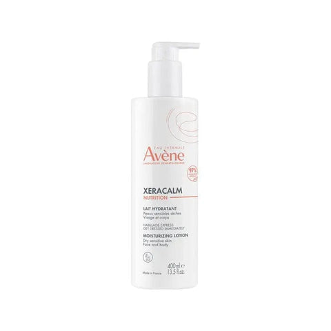 Avene Xeracalm Nutrition Moisturising Milk 400ml in a pump bottle, suitable for sensitive skin, displayed on a clean background.