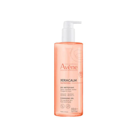 Avene Xerecalm Nutrition Cleansing Gel in a 500ml bottle, designed for sensitive skin, with a clear pump dispenser and gentle formula