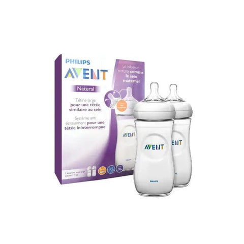 Two Avent Baby Bottles by Jag Couture London in natural PP plastic, 330ml each, displayed side by side.