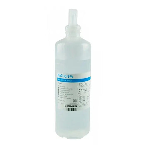B. Braun physiological saline solution in a 500L container, used for medical and clinical purposes, by Jag Couture London - New York.
