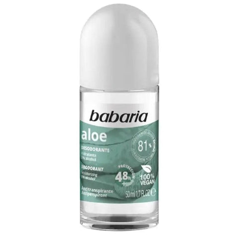 Babaria Aloe Deodorant Roll-On by Jag Couture London New York, 50ml container with clear liquid and smooth roller ball applicator.