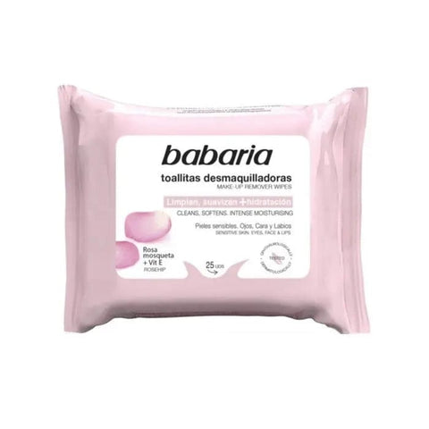 Babaria Rosa Mosqueta makeup remover wipes, 25 units, natural skincare product by Jag Couture London New York, soft cloths for gentle cleansing.