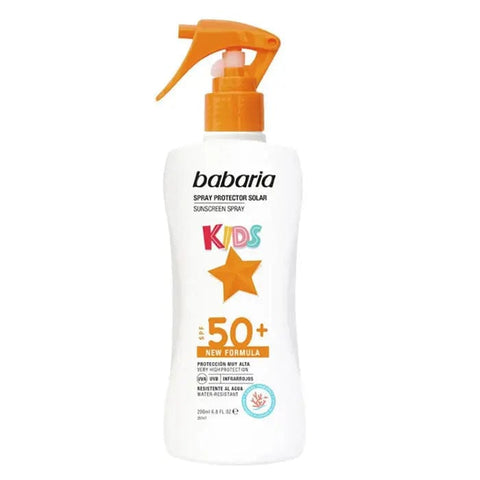 Babaria Sunscreen Spray with Aloe Vera for Children, SPF 50+, 200ml, in a white spray bottle with green accents.