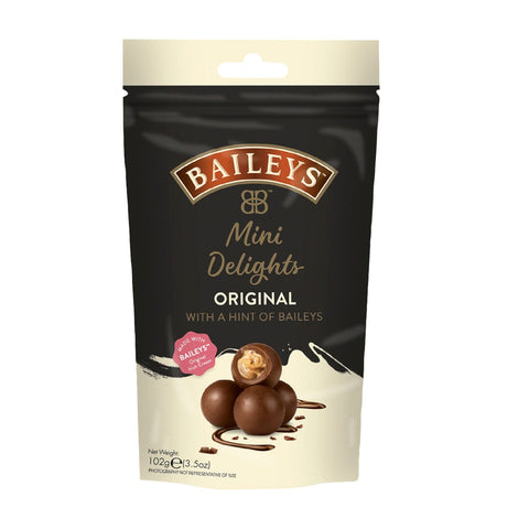 Jag Couture London New York Baileys milk chocolate mini delights in a pouch, showcasing small, creamy Baileys-flavored chocolates.