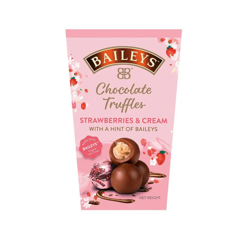 Jag Couture London-New York Baileys Strawberry & Cream Twist Truffles in carton, showing individually wrapped chocolate truffles.