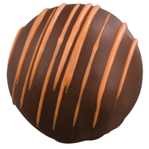 Dark chocolate with orange-flavored dark ganache from Jag Couture London, displayed in a close-up of the Balder 15.3g treat.