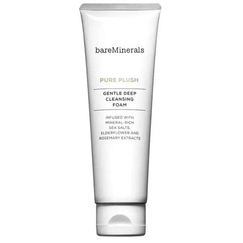 BareMinerals Pure Plush Gentle Deep Cleansing Foam in 120g jar, with soft foam and clean packaging from Jag Couture London New York.