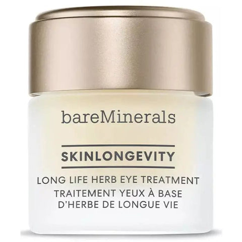 BareMinerals Skinlongevity Long Life Herb Eye Treatment 15ml in a sleek jar, designed to hydrate and refresh the eye area.