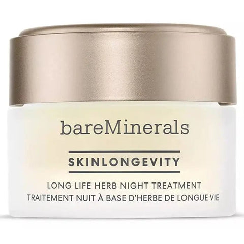 BareMinerals Skinlongevity Long Life Herb Night Treatment in 50ml jar, featuring herbal formula for skin hydration and rejuvenation.