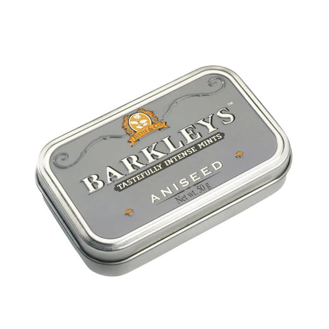 Jag Couture London New York Barkleys classic aniseed mints in a luxury tin, showing the elegant tin with mints inside.