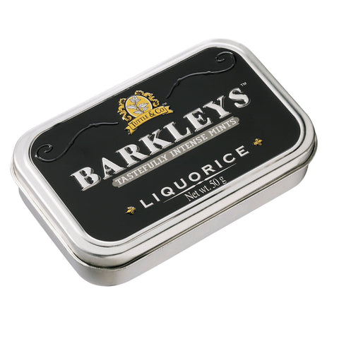 Jag Couture London-New York Barkleys classic liquorice mints in a decorative luxury tin, showcasing the product and elegant packaging.