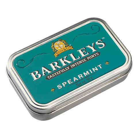Jag Couture London-New York Barkleys classic spearmints in a sleek luxury tin, showcasing the mint candies inside.