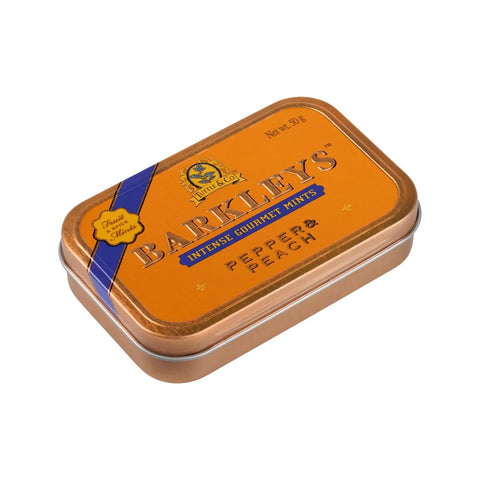 Jag Couture London New York Barkleys gourmet pepper and peach mints in a luxury tin, showcasing colorful mints inside.