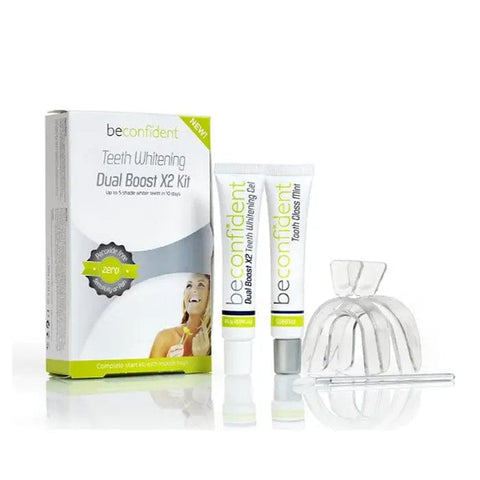 Beconfident Teeth Whitening Dual Boost Kit set with four pieces by Jag Couture London New York, featuring whitening gel and accessories.