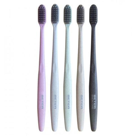 Soft adult dental toothbrush by Beter Cep Dental, designed for gentle cleaning, with ergonomic handle and blue bristles.