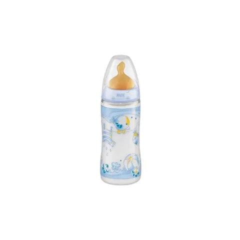 Blue Nuk 300ml baby bottle from Jag Couture London - New York, featuring a transparent design and blue screw cap.