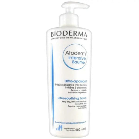Bioderma Atoderm Intensive Baume Ultra Soothing Balm 500ml in a white tube, designed for sensitive, dry skin relief.