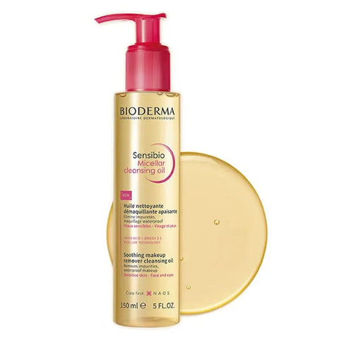 Bioderma Sensibio Micellar Cleansing Oil 150ml bottle with clear label and pump dispenser on a neutral background.