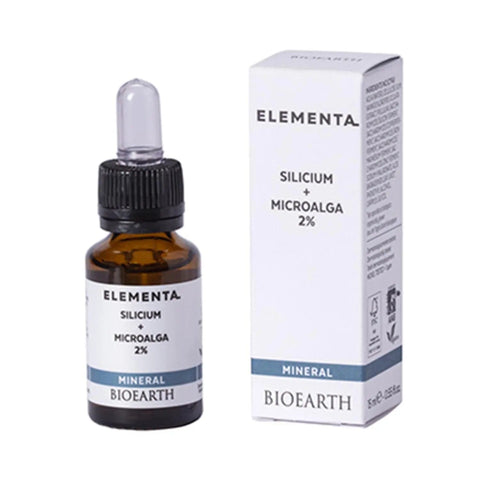 Bioearth Elementa Mineral Silicium Microalga concentrate in a 15ml bottle, featuring clear liquid with a dropper top.