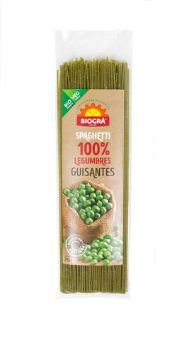 Organic Biográ pea spaghetti by Jag Couture London New York, showing a close-up of the green pea pasta in a bowl.