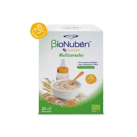 Bionubén Ecocereal Organic Multigrain in 500g package, featuring a colorful multigrain cereal blend in a clear bowl.