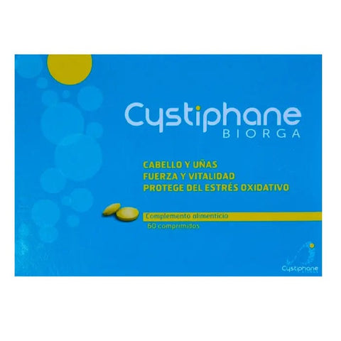 Biorga Cystiphane 60 tablets in a white bottle with blue label, designed for hair health, by Jag Couture London - New York.
