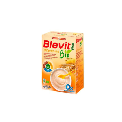 Blevit Plus 8 Cereals Bio in 250g jar, organic baby cereal from Jag Couture London New York with colorful ingredients visible.