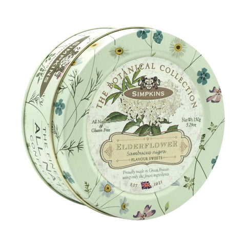 Botanical tin of elderflower-flavored travel sweets by Jag Couture London - New York, featuring a decorative floral design.