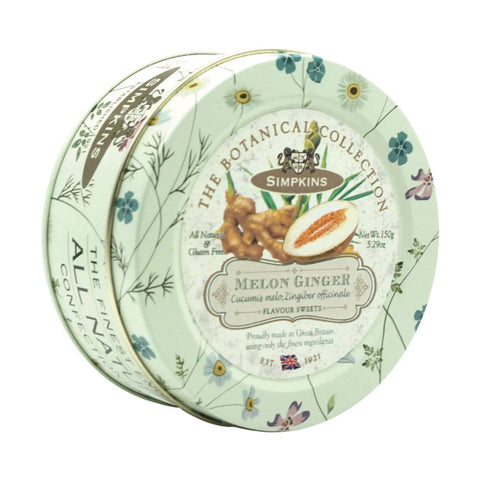 Botanical tin of melon and ginger flavored travel sweets by Jag Couture London - New York, decorated with floral design.