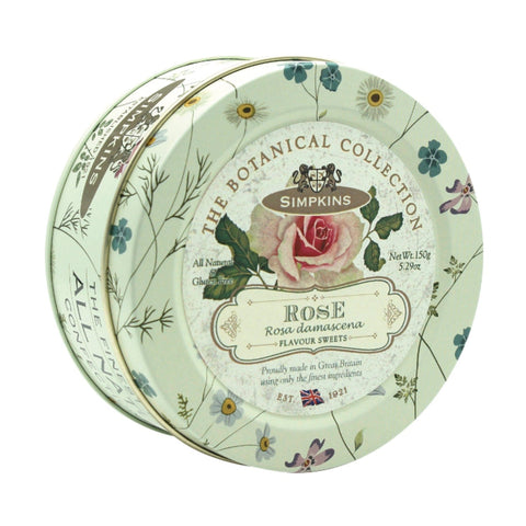 Botanical tin of rose-flavored travel sweets by Jag Couture London New York, featuring a decorative floral design on the tin.