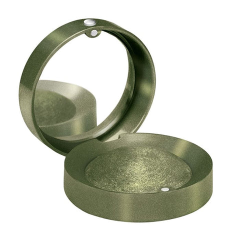 Bourjois Little Round Pot Mono Eyeshadow 9 Itsy Bitsy Khaki in a small round container, with khaki-colored eyeshadow visible.