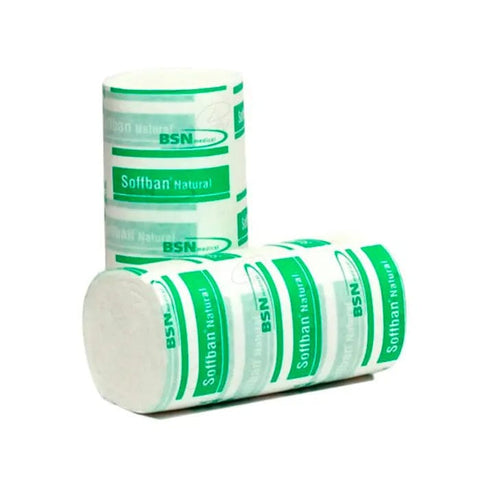 Natural Bsn Medical Soffban bandage in 7.5cm x 2.7cm, shown wrapped around a wrist for support and compression.