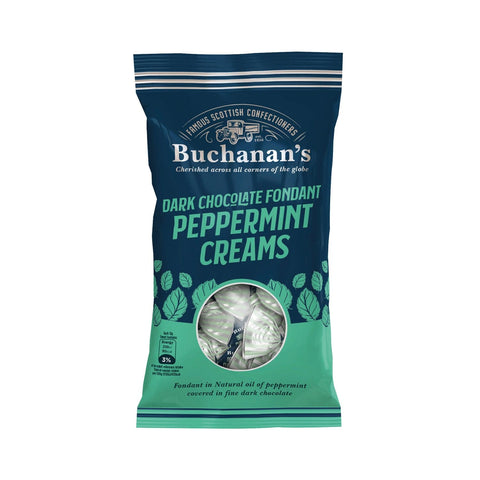 Bag of Buchanan's dark chocolate peppermint creams by Jag Couture London - New York, showing individual mint candies inside.