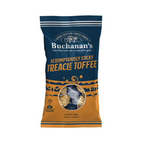 Bag of Buchanan's Scrumptiously Sticky Treacle Toffee by Jag Couture London New York, showing the glossy toffee pieces in the package.