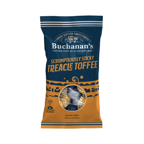 Bag of Buchanan's Scrumptiously Sticky Treacle Toffee by Jag Couture London New York, featuring golden caramel toffee pieces.