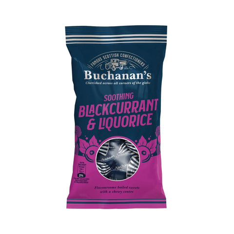 Bag of Buchanan's soothing blackcurrant and liquorice candies by Jag Couture London - New York, with colorful packaging and candies inside.