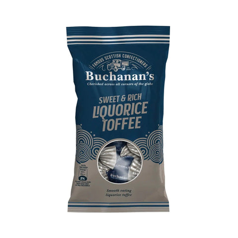 Bag of Buchanan's Sweet & Rich Liquorice Toffees by Jag Couture London New York, featuring glossy toffees inside a clear bag.