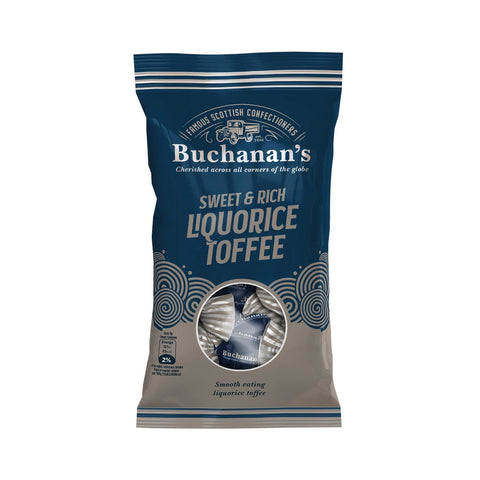 Bag of Buchanan's Sweet & Rich Liquorice Toffees by Jag Couture London - New York, featuring shiny toffees in a clear bag.