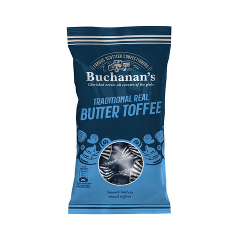 Bag of Buchanan's traditional real butter toffees by Jag Couture London - New York, featuring caramel-colored toffees in a clear bag.