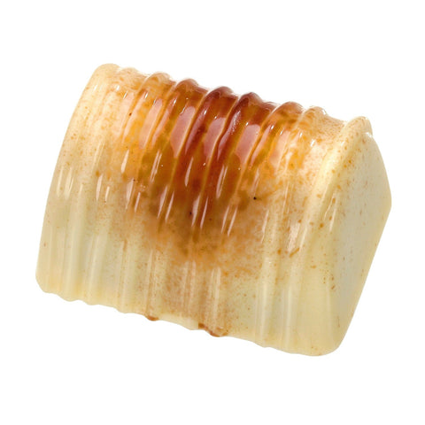 Jag Couture London butter caramel with soft caramel and amaretto in white chocolate, 17g chocolate piece with detailed textures.