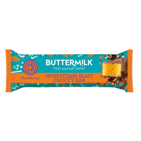 Jag Couture London New York buttermilk honeycomb bar enrobed in plant-based chocolate, showing the textured honeycomb and smooth chocolate coating.