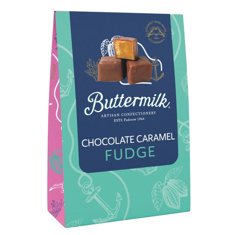 Buttermilk milk chocolate caramel sea salt fudge in a sharing box by Jag Couture London New York, showcasing assorted fudge pieces.