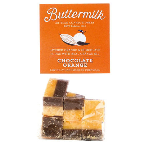 Buttermilk smooth chocolate orange fudge from Jag Couture London in a grab bag, close-up of creamy, textured fudge pieces.