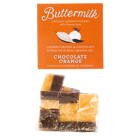 Buttermilk smooth chocolate orange fudge in a grab bag from Jag Couture London – New York, with close-up of creamy, textured fudge pieces.