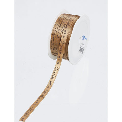 Caramel brown Chocolat printed satin woven edge ribbon by Jag Couture London - New York, showcasing smooth texture and elegant design.