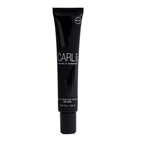 Jag Couture London Carl & Son Facial Hydrating Booster 20ml bottle with clear label and silver cap, displaying a sleek skincare product.